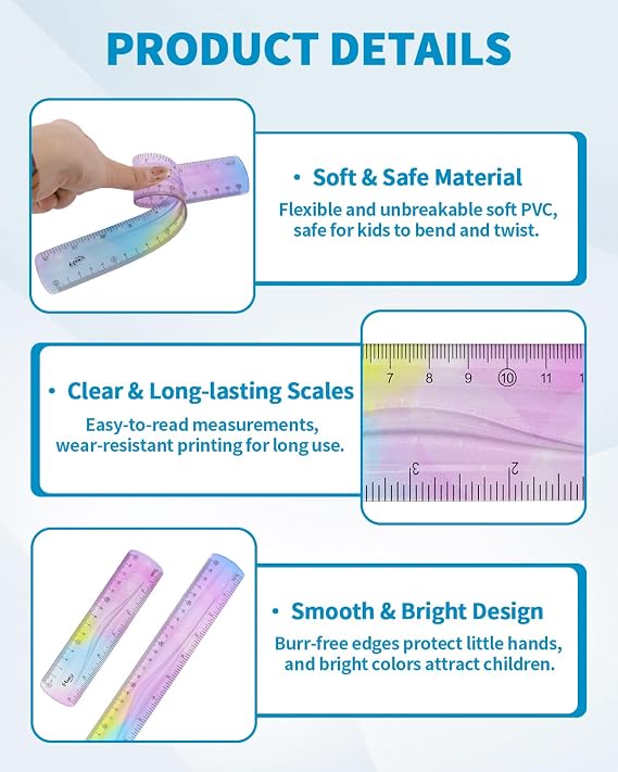 4 Pack Flexible Ruler Set, 12 Inch & 6 Inch Bendable Rulers for Kids, Soft Plastic Rulers with Dual-Sided cm/inch Scale, Gradient Color Flex Ruler for School, Home, Office