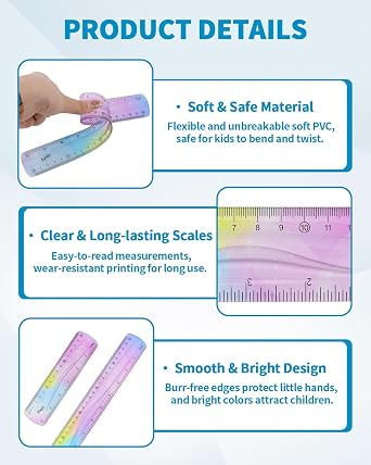 4 Pack Flexible Ruler Set, 12 Inch & 6 Inch Bendable Rulers for Kids, Soft Plastic Rulers with Dual-Sided cm/inch Scale, Gradient Color Flex Ruler for School, Home, Office