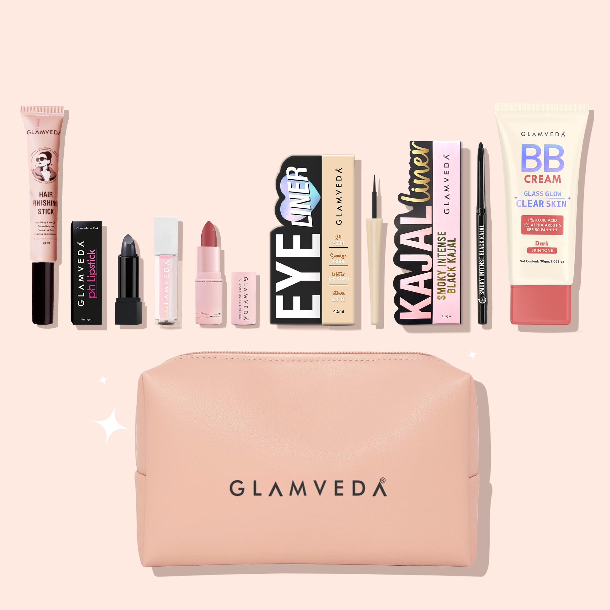 Glamveda Festive Glam Gift Set of 7 | Makeup Kit With Kajal, Eyeliner, BB Cream Dark Tone, Ph Lipstick, Lip Gloss, Bullet Lipstick, Hair Finishing Stick For Women | Travel Kit | Travel Pouch Included-picture-41