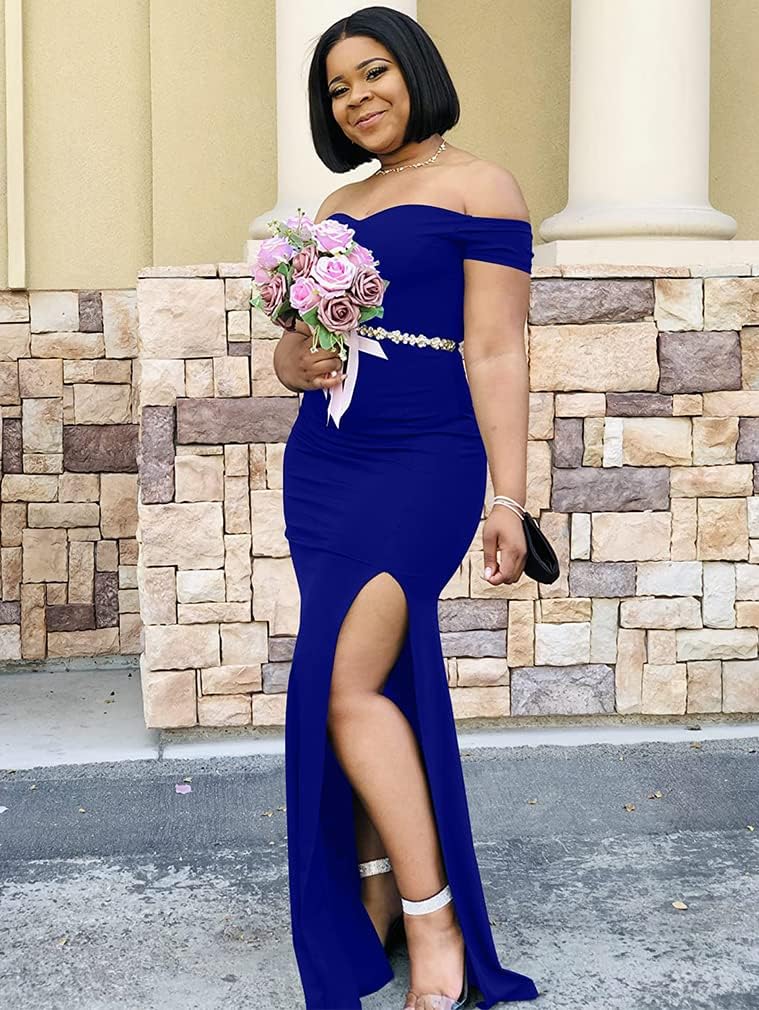 green emerald velvet dress Elegant Royal Blue Side Slit Bridesmaid Dress with Sash – FancyVestido