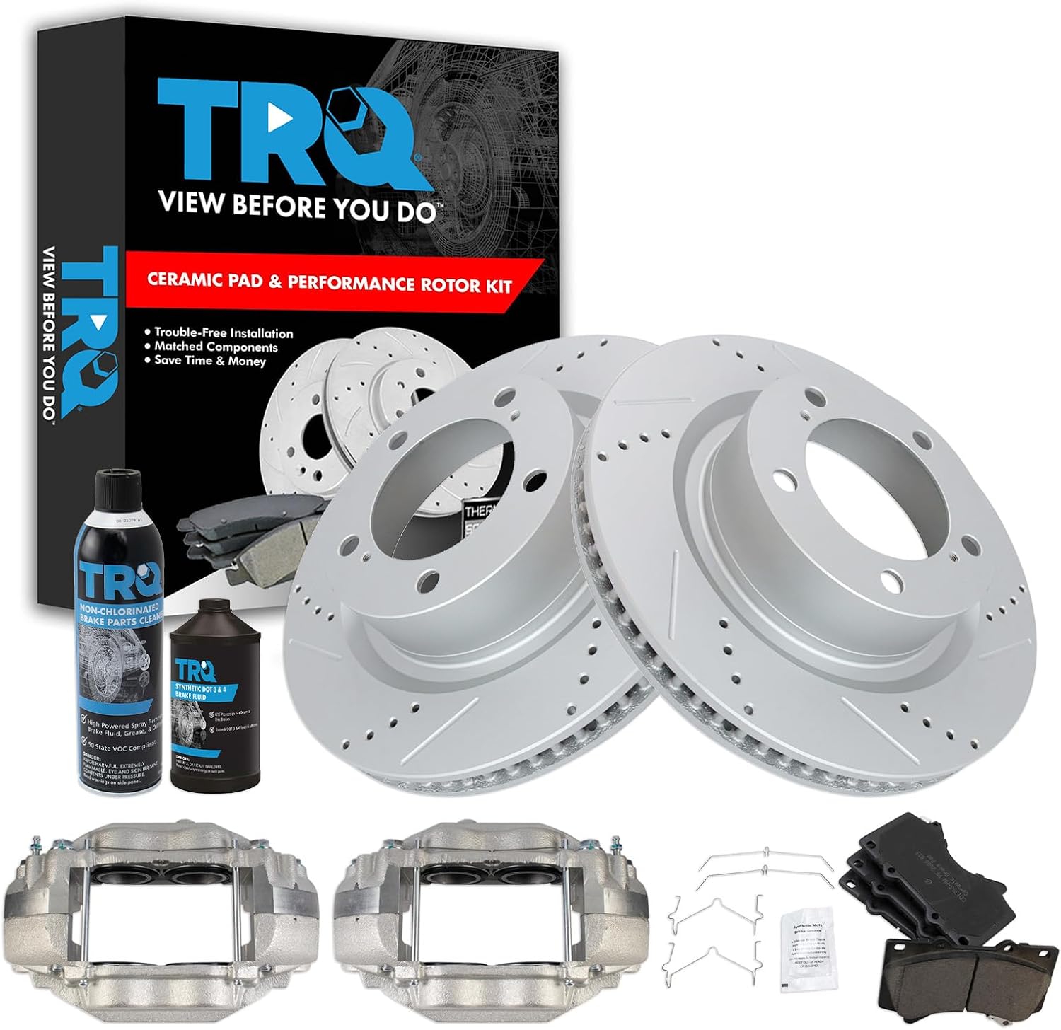 TRQ Front Performance Brake Pad & Rotor Kit Brake Caliper Brake Chemical Kit Brake Pads Brake Rotors Set Ceramic Premium G-Coated Compatible with 2016-2019 Toyota Sequoia 2016-2018 Tundra