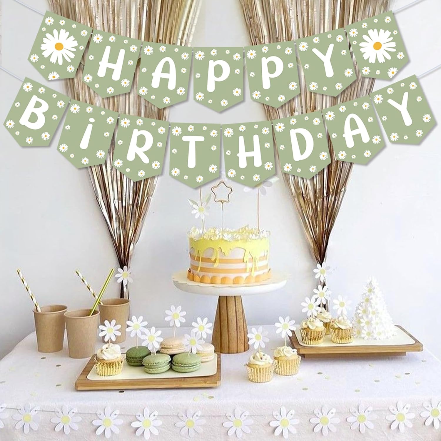 Daisy Happy Birthday Banner for Girl, Sage Green Daisy Flower Birthday Party Decorations for Girl Daisy Themed Birthday Groovy Party Home Kitchen Mantle Fireplace Decoration