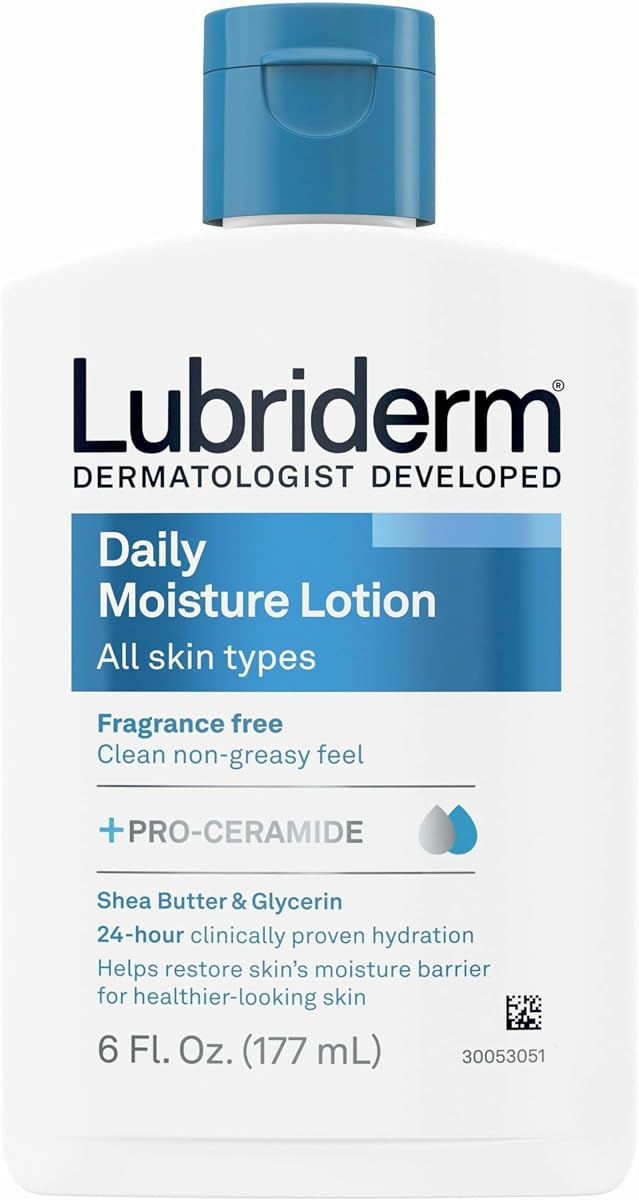 Lubriderm Daily Moisture Hydrating Unscented Body Lotion with Vitamin B5 for Normal to Dry Skin, Non-Greasy and Fragrance-Free Lotion, 6 fl. oz