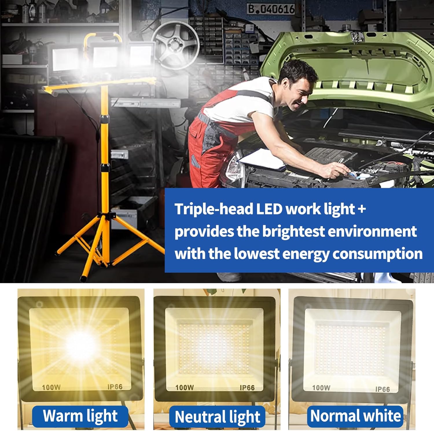21000 Lumen Work Lights with Stand,3 Adjustable Head LED Work Light,with Foldable and Spliced Telescopic Tripod Stand,IP66 Waterproof Work Light with 6500 Kelvin Color Temperature Portable Lighting