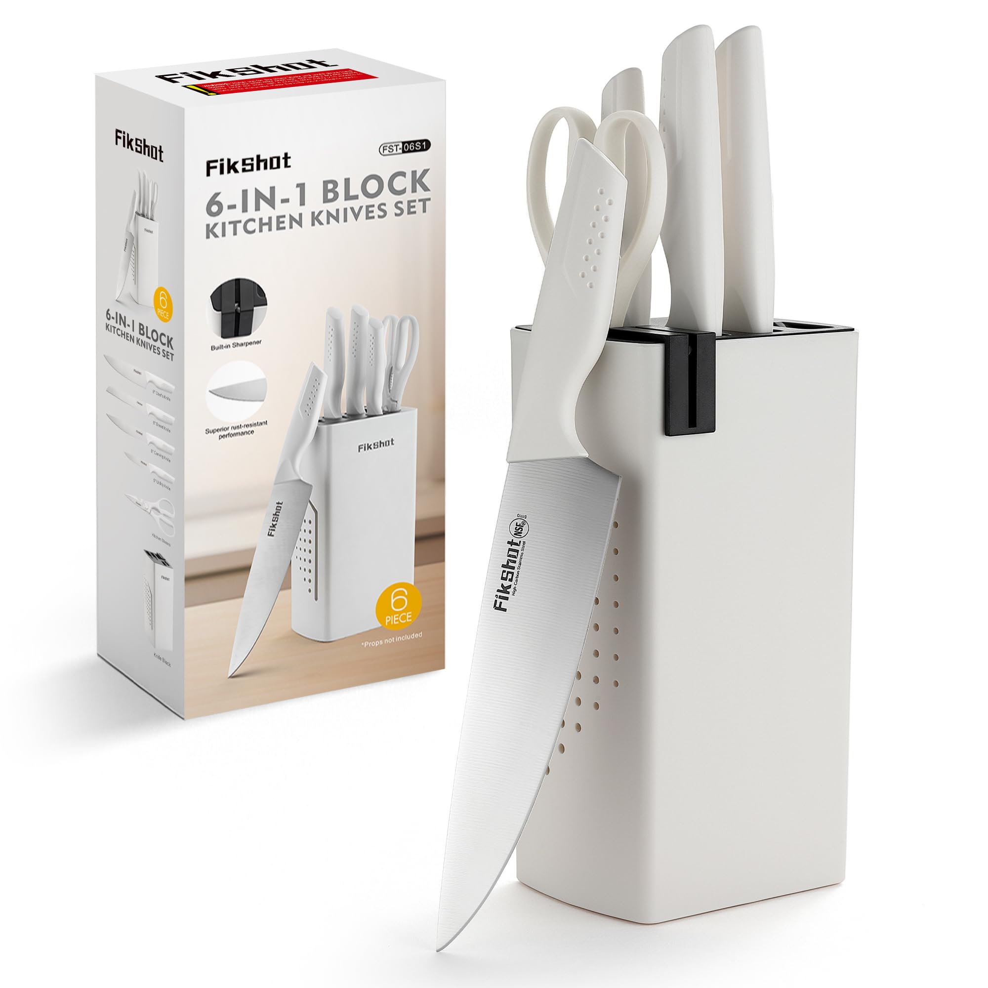Knife Set FIKSHOT 6-Piece Kitchen Knife Block Set with Built-In Sharpener Dishwasher Safe High Carbon Stainless Steel Blades
