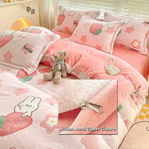 Miniatura 4 de LMONMOO Juego de funda de edredón tamaño individual, juego de funda de edredón de fresa rosa, súper suave, juego de ropa de cama kawaii, bonito