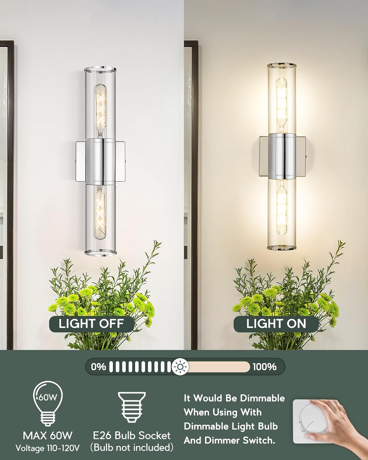 METWET Bathroom Vanity Light Fixtures, Chrome Wall Lights in Clear Glass Indoor Wall Sconce, Modern Wall Light Up and Down Wall Mount Lamp for Bathroom, Bedroom, Hallway, Kitchen, VL834-CH-CL Chrome-Clear Glass