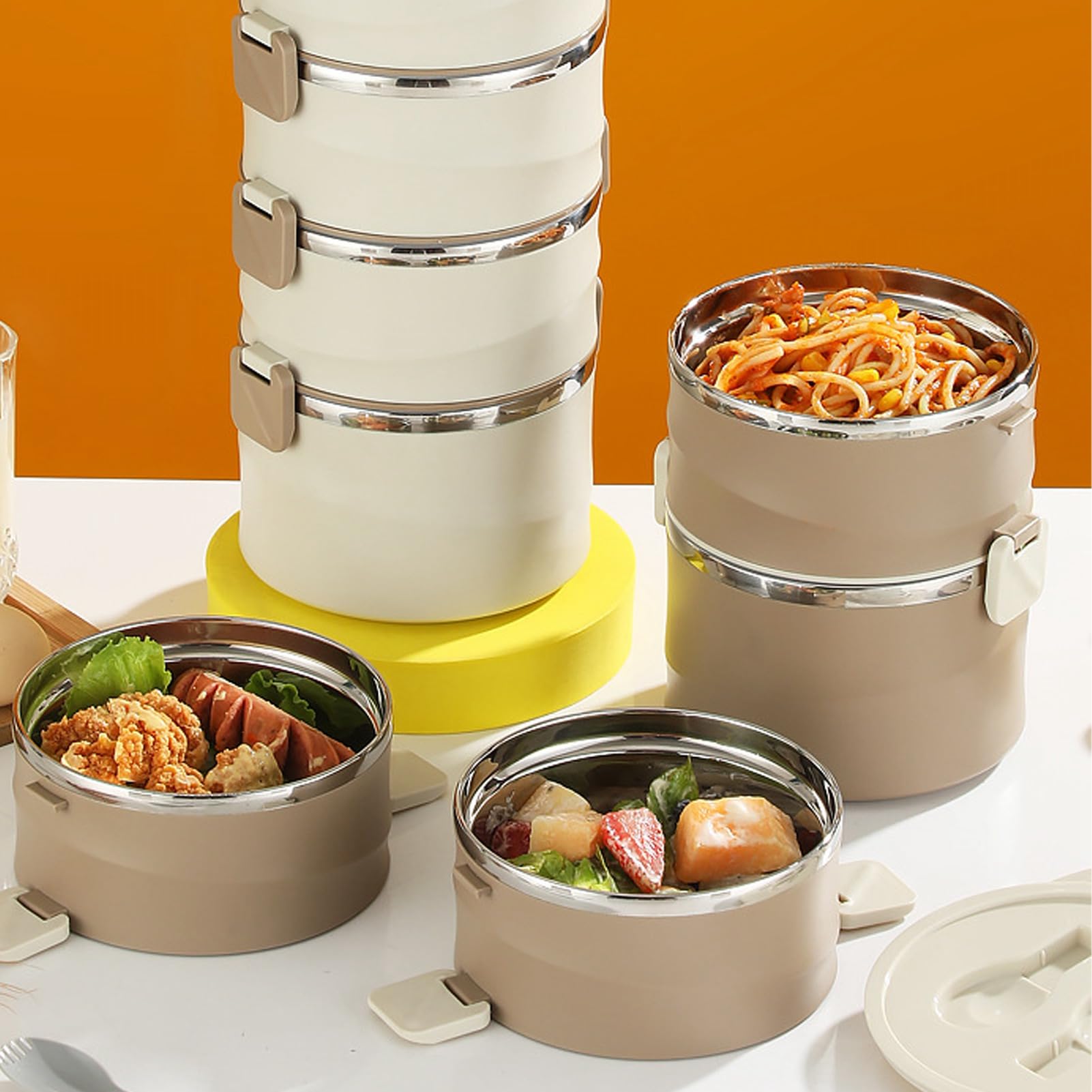 SIXRUN Lebensmittelbehälter aus Edelstahl 304, 4 Etagen, 3,3 L, Isolierte Lunchbox mit Griff, Stapelbar, Rund, 14,5 x 34,2 cm, mit 2 Integrierten Gabellöffeln
