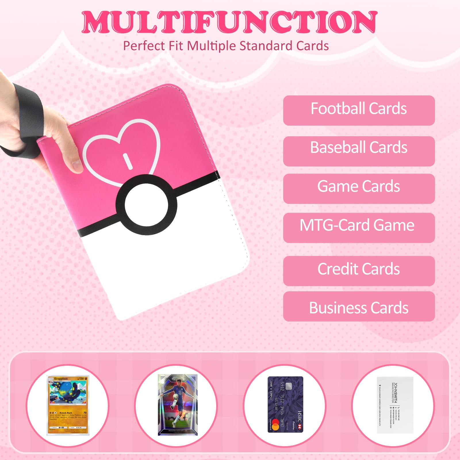Raccoglitore per carte collezionabili a 4 tasche, adatto per 400 carte con 50 custodie rimovibili, cartella per carte MTG, TCG, carte da gioco e carte sportive, rosa chiaro