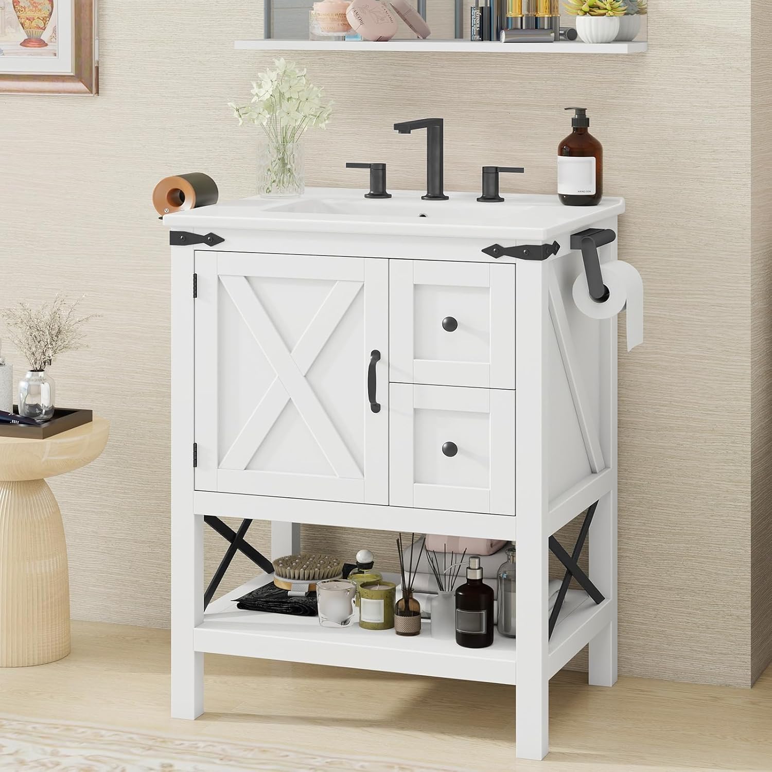Vabches Bathroom Vanity with Sink Set, Modern Bathroom Cabinet with 1 Doors and 2 Drawers, Free Standing Storage Cabinet with Shelf, Vintage Vanity with Hair Dryer Holder, White