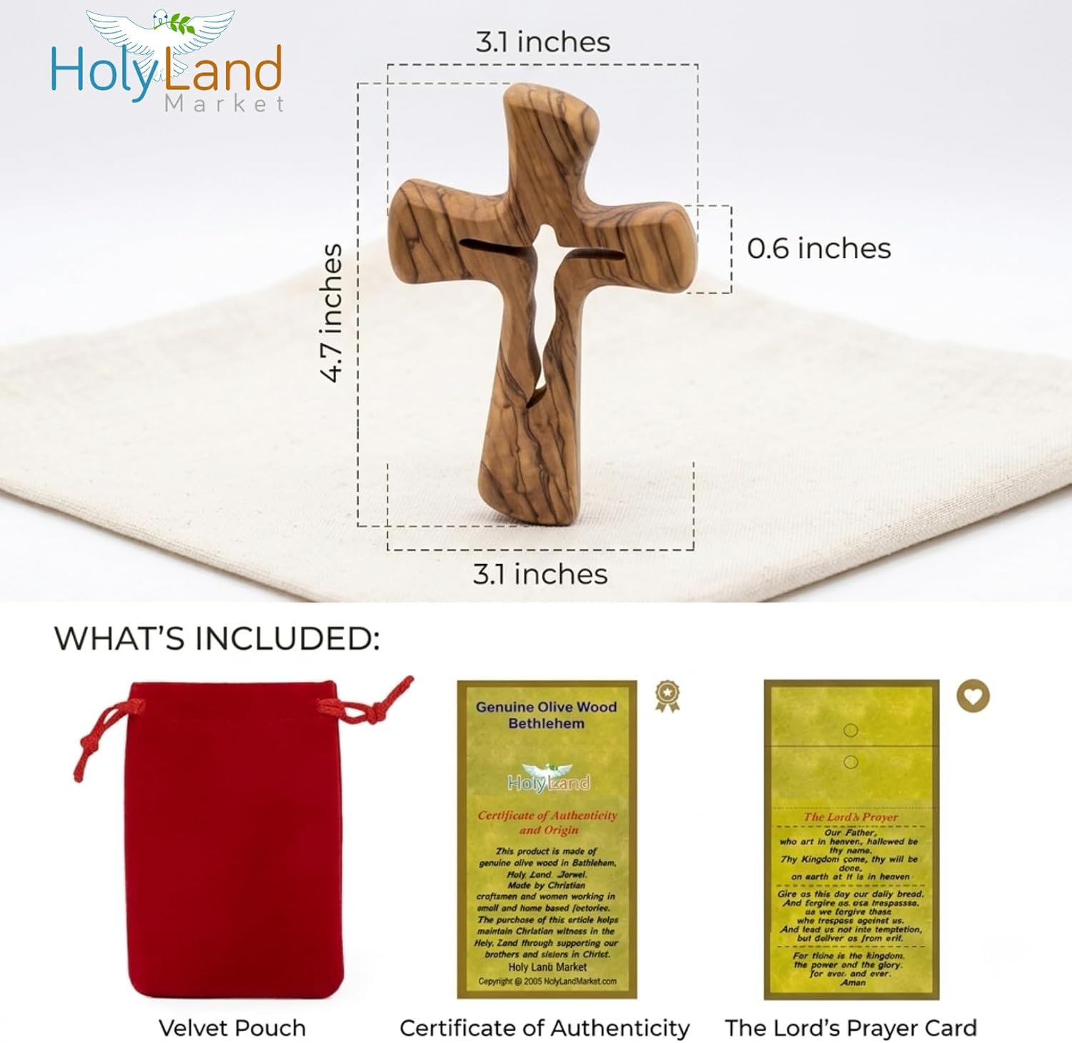 Large Olive Wood Hand or Palm Cross Carved by Christians Fit from Bethlehem , the Birth place of our Lord Jesus, Crucifix with Corpus Carved Through 4.7 Inches, thick and hand carved - Ergonomic Fit