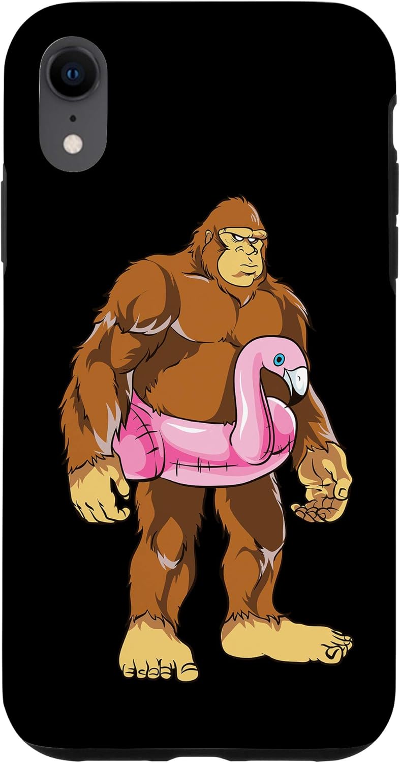 iPhone XR Pool Party Bigfoot Flamingo Sasquatch Pink Pool Float Case Cell Phones