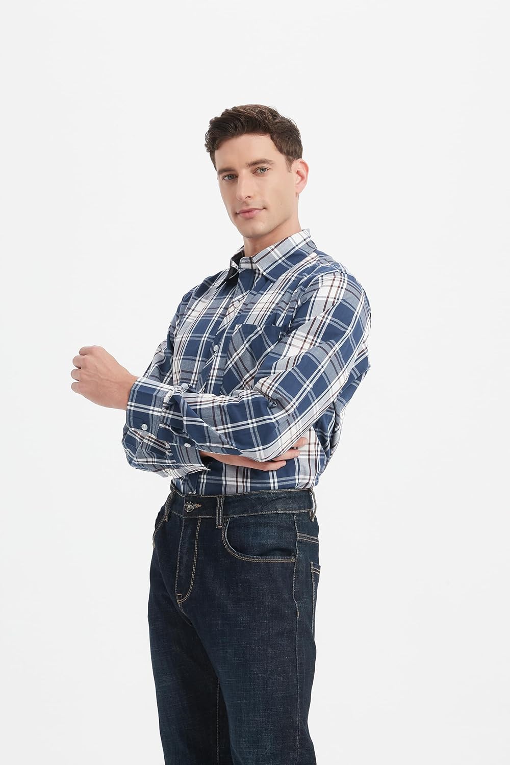 JupiterSecret Men's Plaid Button Down Shirts Cotton Long Sleeve Dress Shirt Business Shirts with Pocket - Image 5