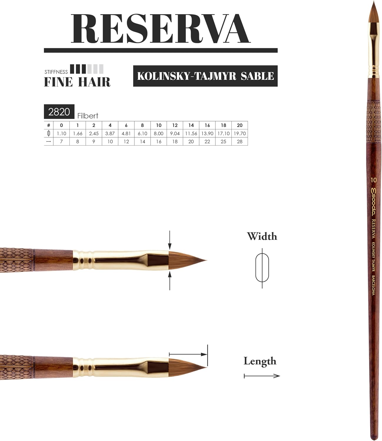 Escoda Reserva 2820 Series Artist Oil & Acrylic Long Handle Paint Brush, Filbert, Size 18, Pure Kolinsky