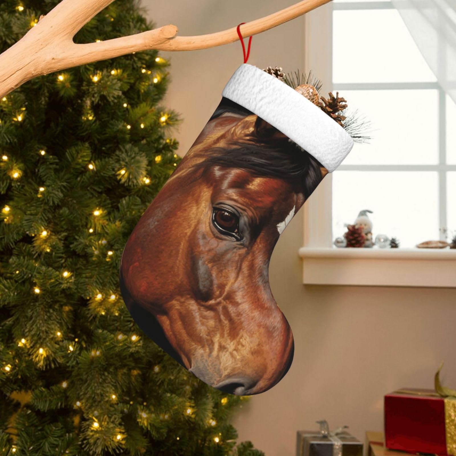 Velvet Christmas Stockings 17.7 Inch, Brown Horse Xmas Stocking with Soft Cuff,Classic Personalized Christmas Tree Decoration for Family Holiday New Year Party Supplies