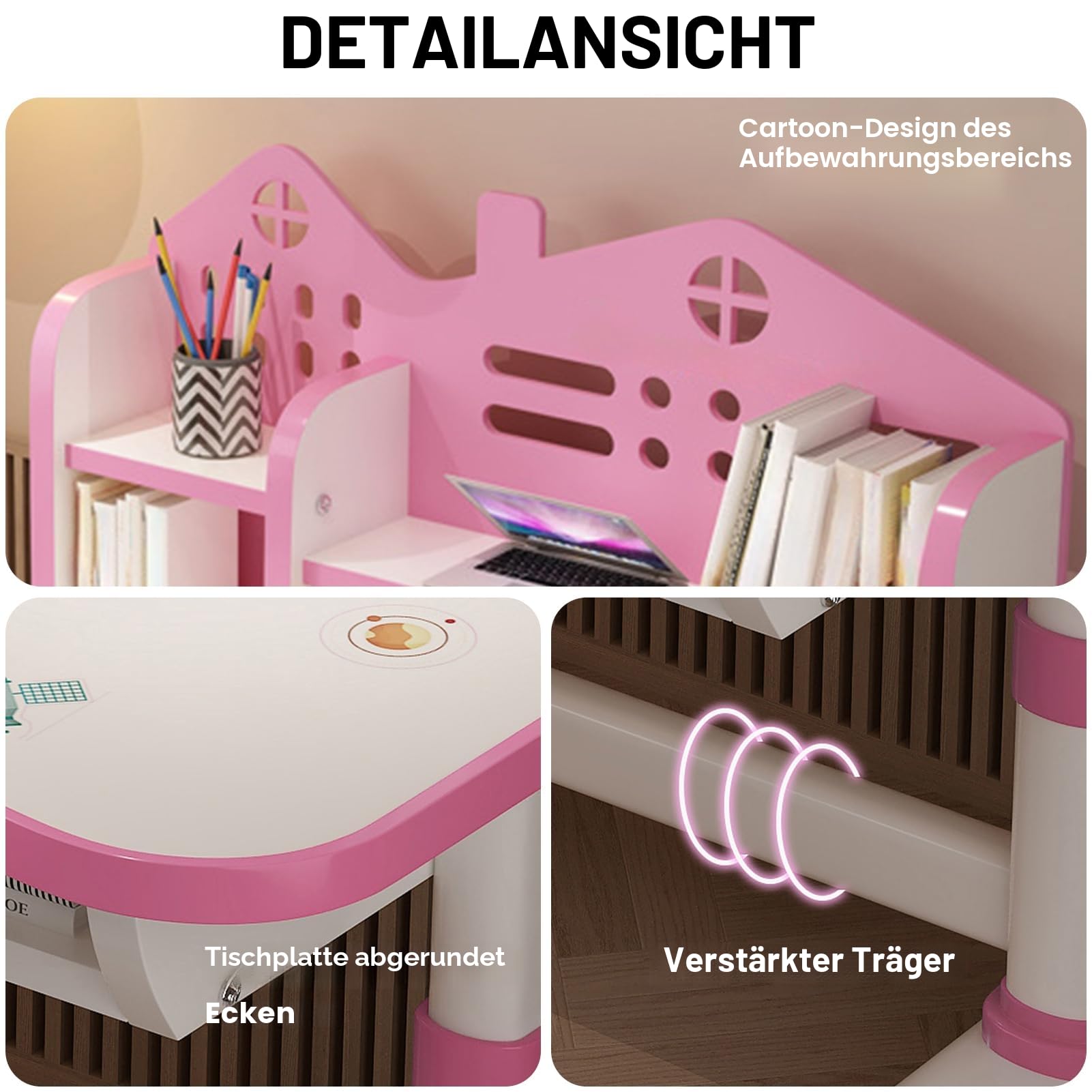 Reheyre Schreibtisch- und Stuhl-Set für Kinder, rosa Schreibtisch-Set mit verstellbarer Höhe, Schubladen und Stauraum, Cartoon-Muster, Lerntische und Stühle für Kinder, Mädchen (Rosa), 3712398