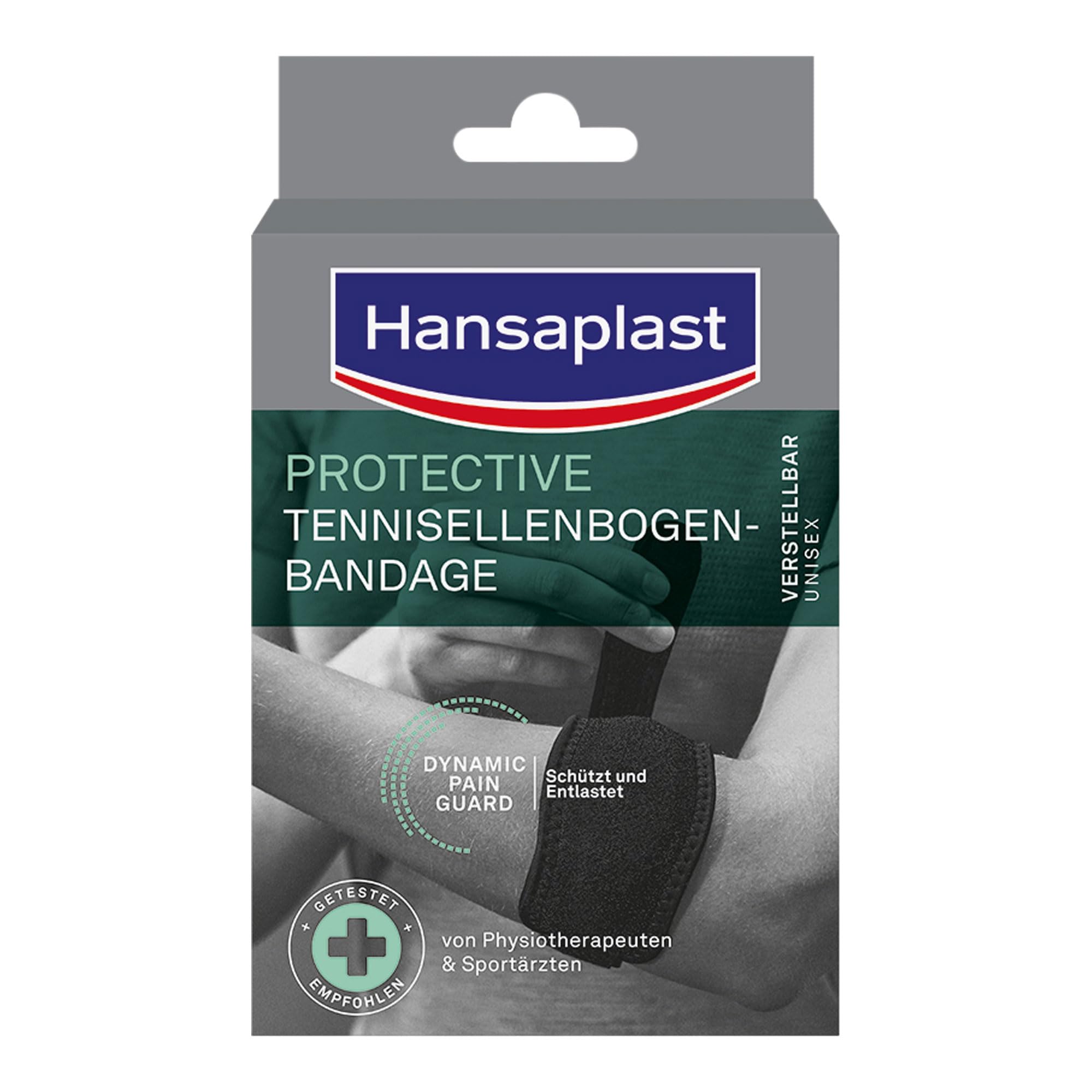 Hansaplast Protective Tennisellenbogen-Bandage, stützende Bandage schont & unterstützt den Arm, Ellenbogen-Bandage passend für rechten & linken Ellenbogen, Einheitsgröße – Verstellbar