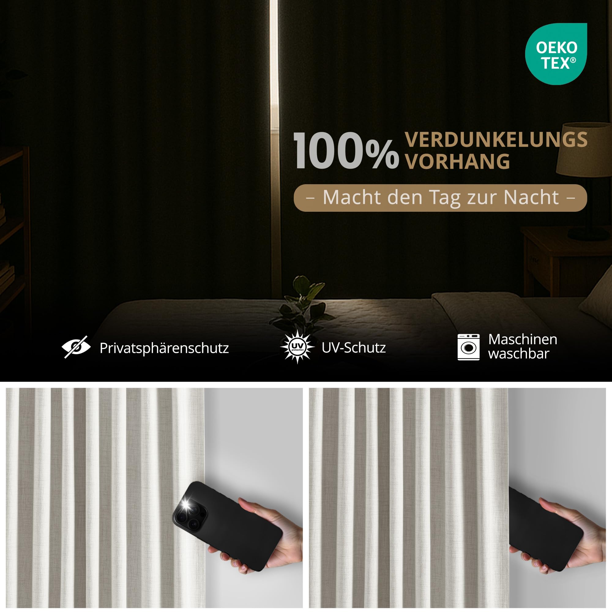 Tende oscuranti al 100% con passanti nascosti, effetto lino, set di 2 tende oscuranti con passanti per asta, per camera da letto o soggiorno, 260 x 140 cm (altezza x larghezza), beige