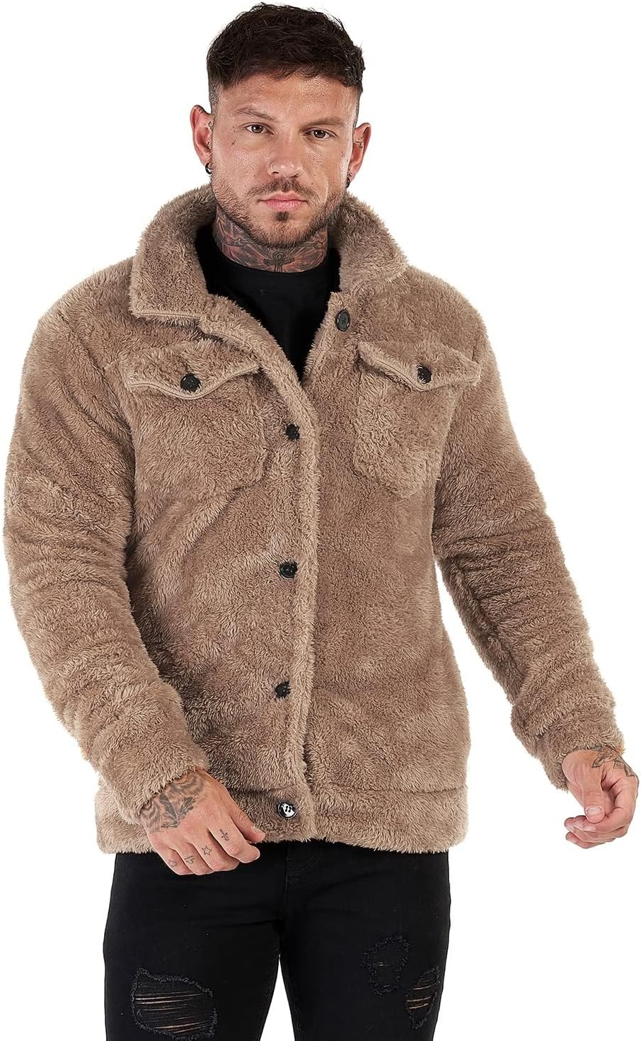 GINGTTO Mens Furry Button-Up Jacket 4 Pockets Fluffy Coat For Men - Image 8