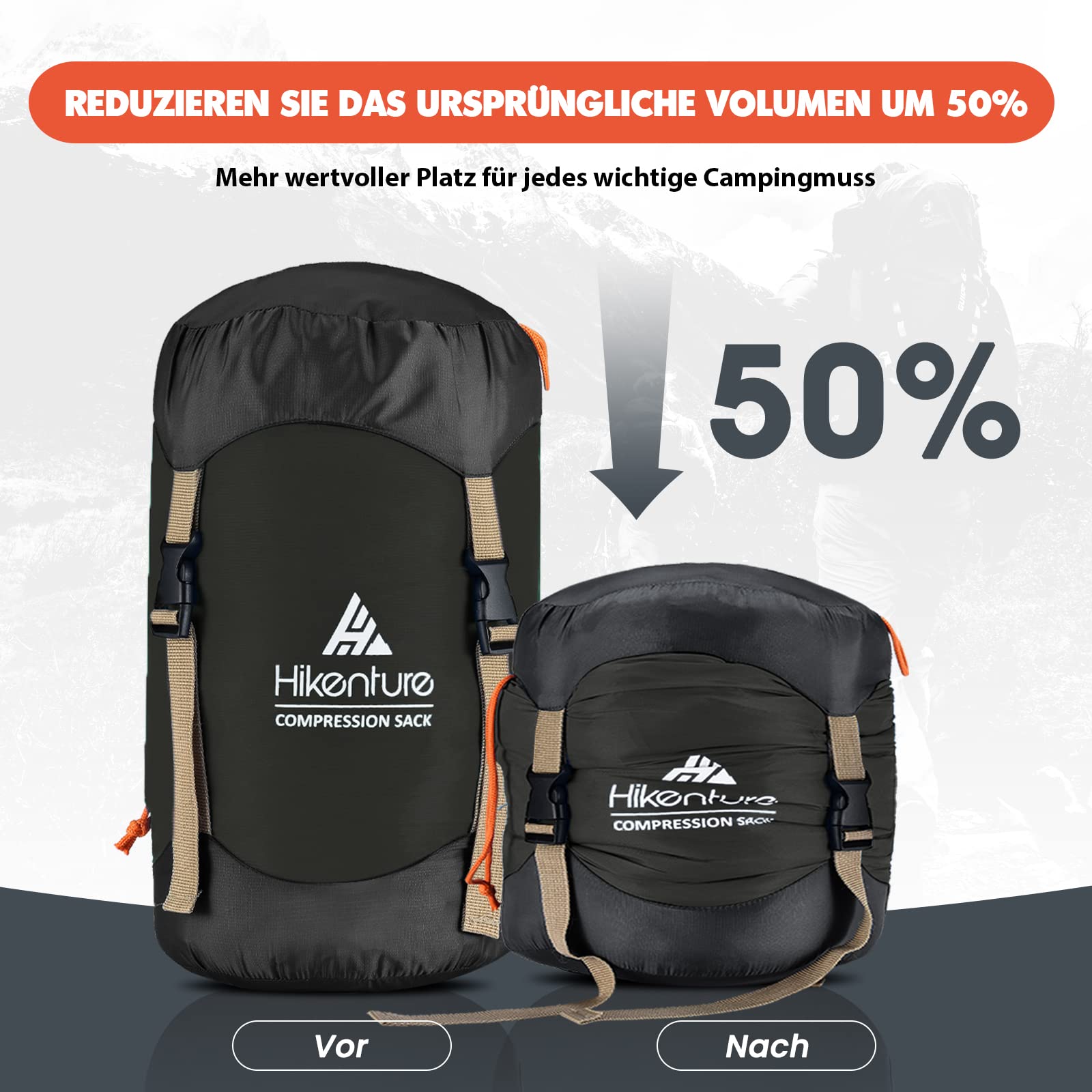 HIKENTURE Kompressionssack 10L/14L/20L/30L, 50% Mehr Stauraum! Wasserfester & Ultraleichter Kompressionssack für Schlafsack, Platzsparende Aufbewahrungstasche für Camping, Outdoor, Wandern, Reisen