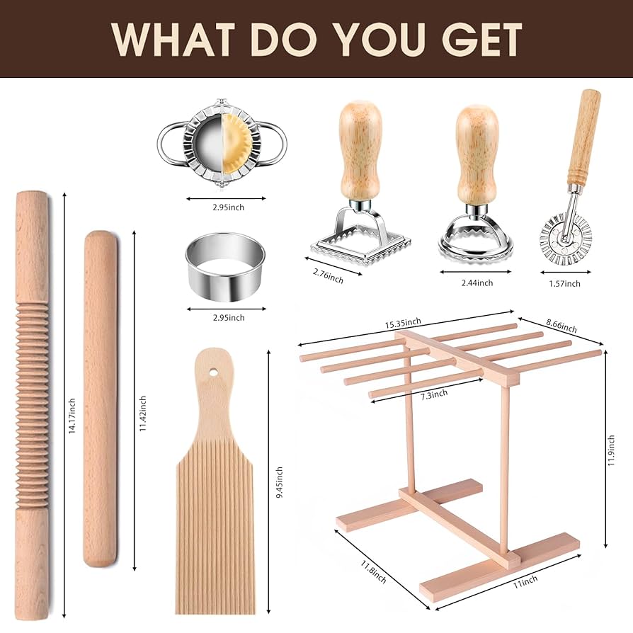 Tioncy 9 Pcs Pasta Making Tool Ravioli Gnocchi Maker Set Include Ravioli Mold Wooden Cutter Rolling Pin Gnocchi Board Wood Stick Dough Scraper Pasta Stamps(Simple Style