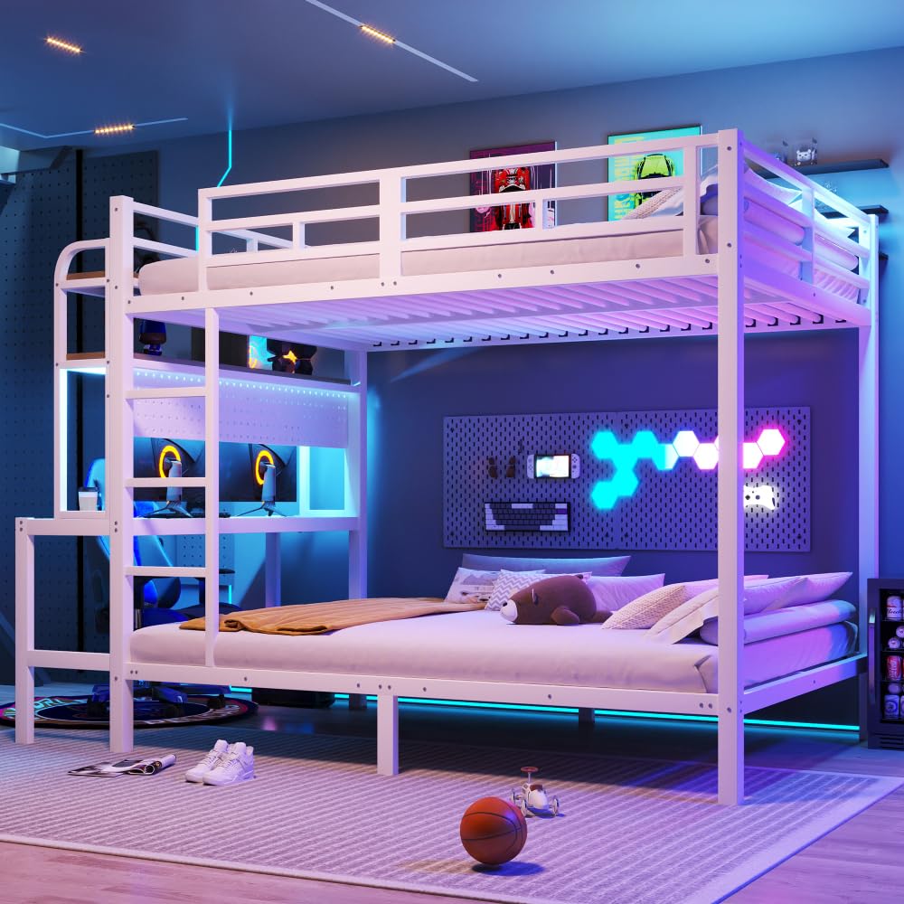 Sapgaks Lit superposé Enfant en Fer 140x200 cm avec Barre Lumineuse LED, Port USB,Bureau,Compartiment de Rangement,lit Enfant 140 x 200,Cadre de lit 2 Personnes avec sommier (A-Blanc 140)