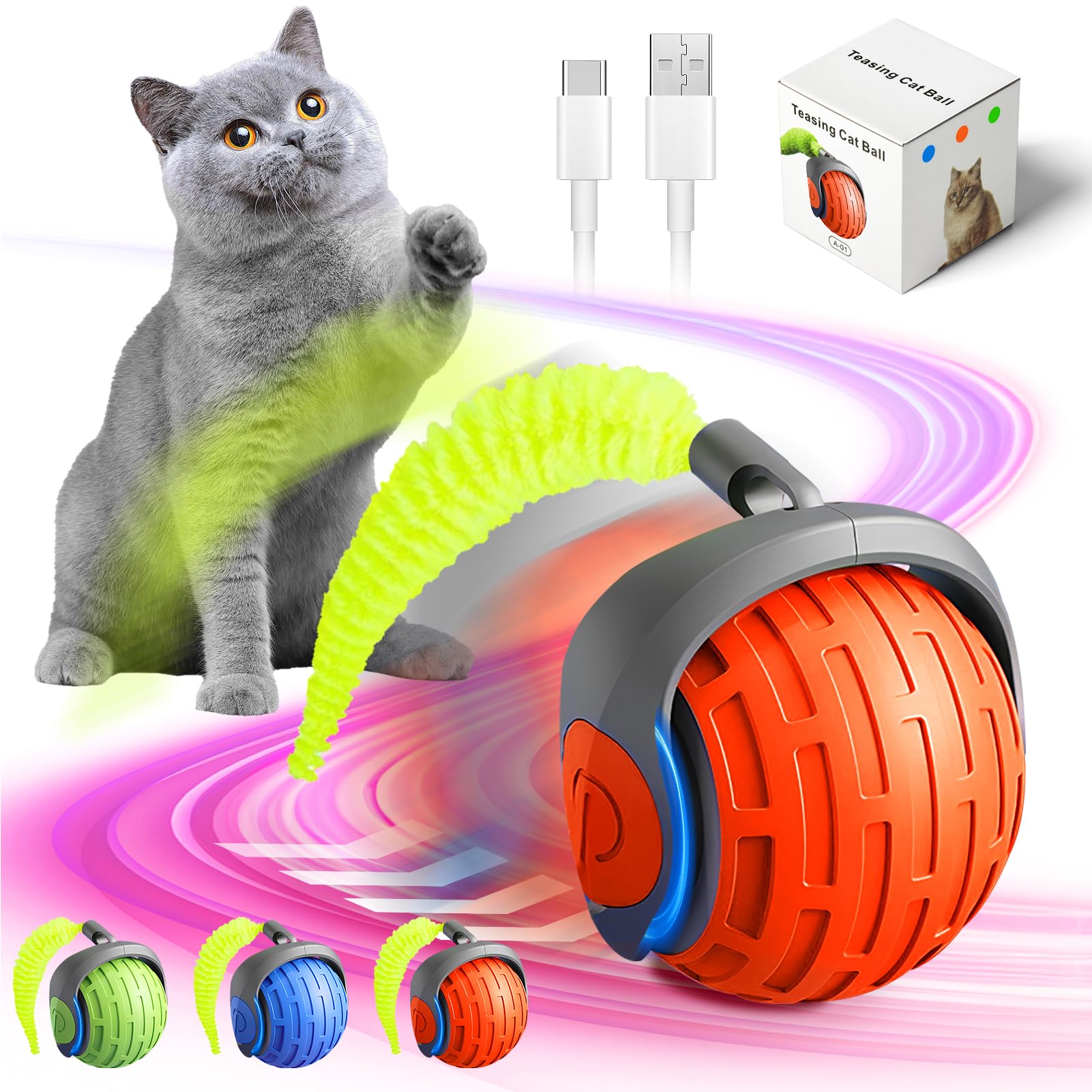 2025 New Interactive Cat Ball Toy for Indoor Cats Rotating Ball to y,Automatic Moving for Bored Indoor Kitten,360°Automatic Rolling Balls Toy Electric Dogs Cat Balls(Orange)