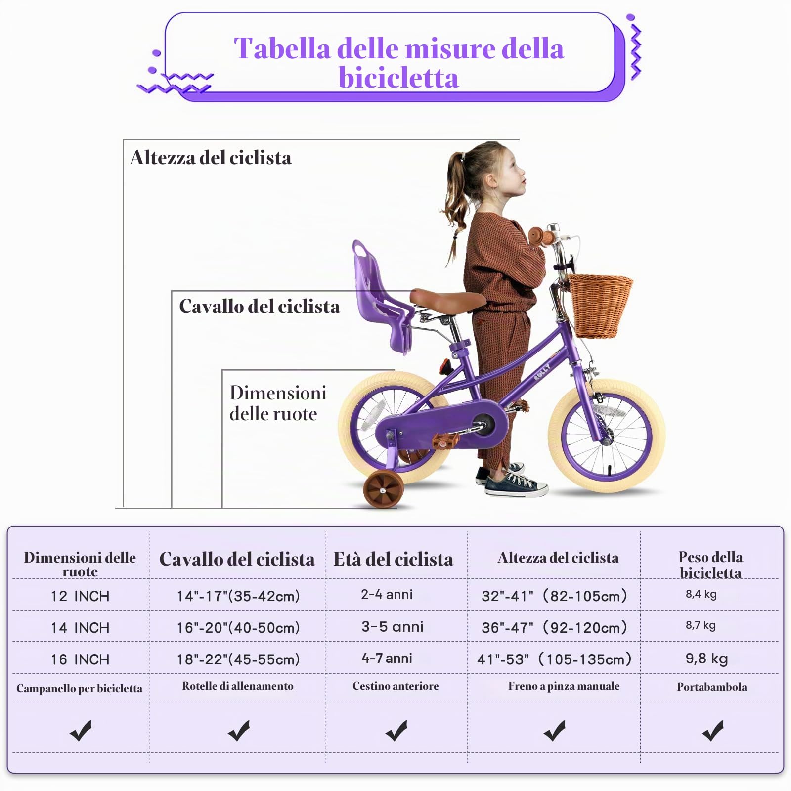 RULLY Bicicletta per Bambina 12 14 16 Pollici 2-7 Anni con Seggiolino per Bambola, Rotelle, Cestino e Nastri