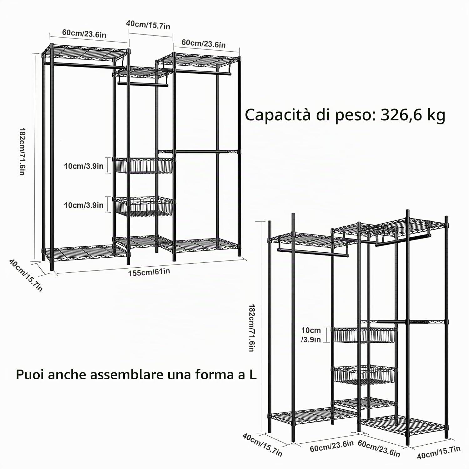 Appendiabiti resistente, 155 x 40 x 182 cm, nero