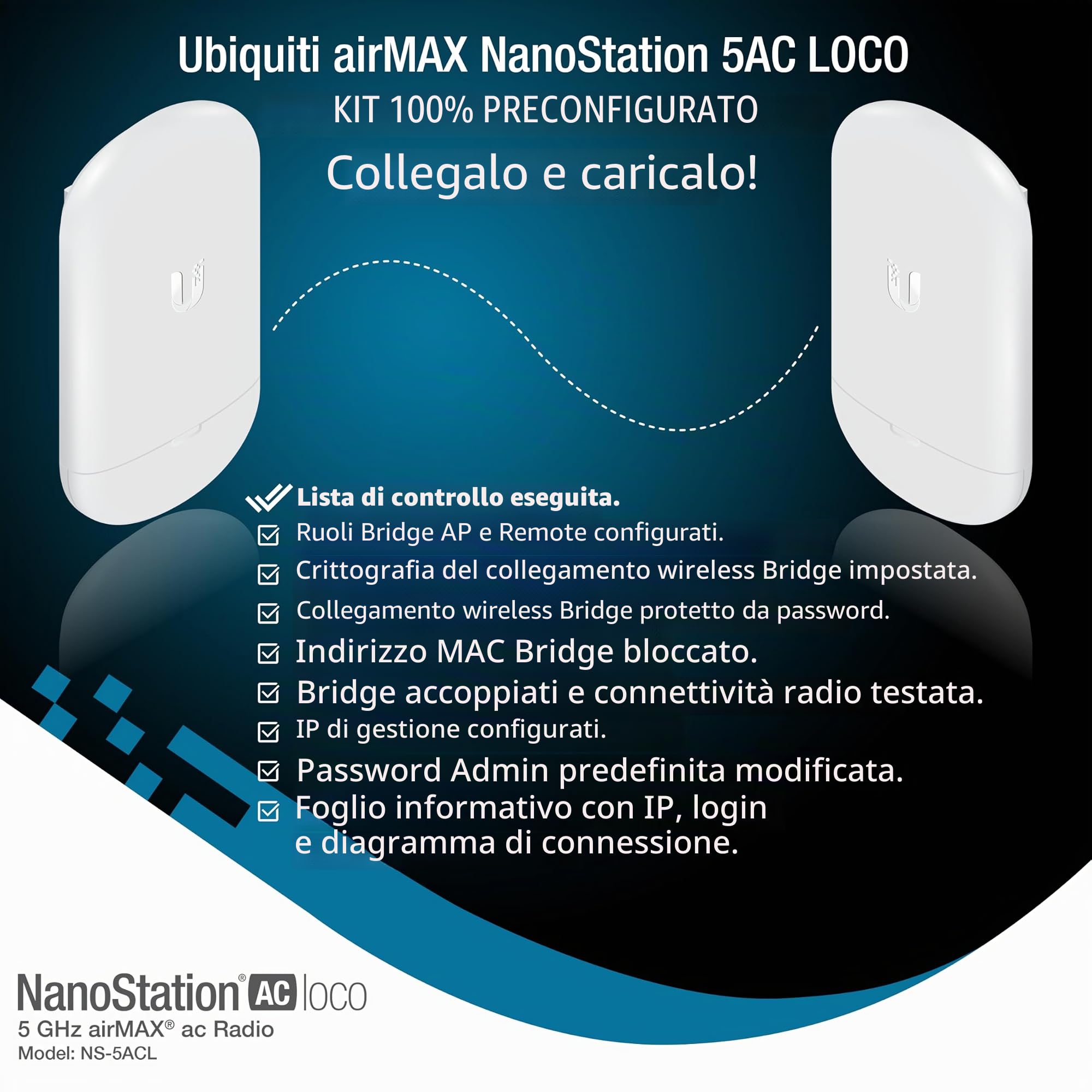 Ponte wireless Ubiquiti LOCO5AC PRE-CONFIGURED, Bundle di 2 Ubiquiti Nanostation LOCO 5AC, Ponte WiFi esterno punto a punto, Plugh and Play, 5GHz, 450+Mbps, 10+km di gamma di collegamento, bridge di
