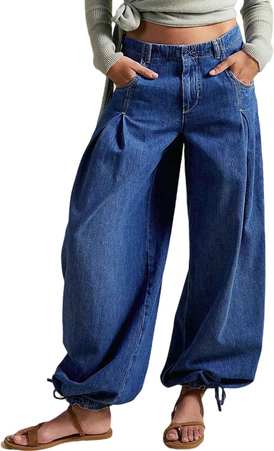 yoeasy Women's Lotus Tube Jeans Baggy Wide Leg Y2k Barrel Jeans Drawstring Ankle Balloon Denim Pants with Pockets