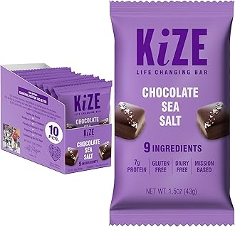KiZE Energy Bars - Chocolate Sea Salt - Gluten Free, Dairy Free, Non-GMO, and High Protein Meal Replacement Energy Bars, Meal Bas, Clean & Simple Food Ingredients - 7g High Protein Snacks, (10 Count)