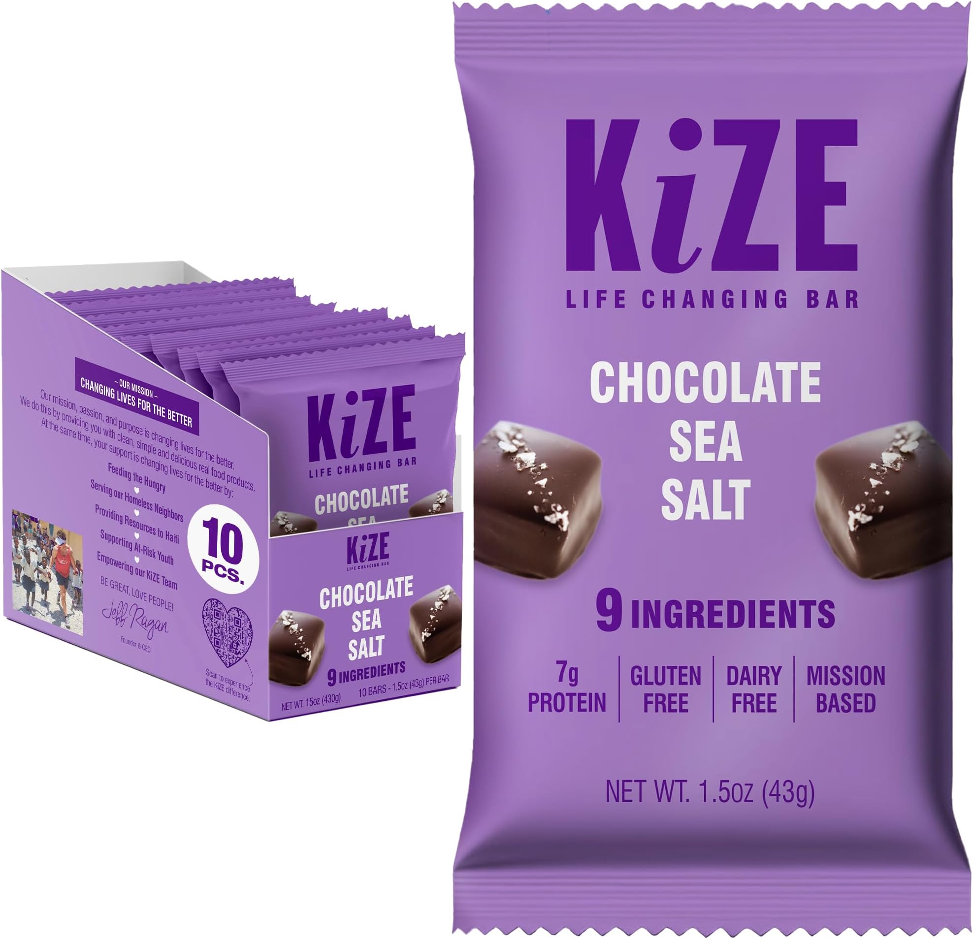 KiZE Energy Bars - Chocolate Sea Salt - Gluten Free, Dairy Free, Non-GMO, and High Protein Meal Replacement Energy Bars, Meal Bas, Clean & Simple Food Ingredients - 7g High Protein Snacks, (10 Count)
