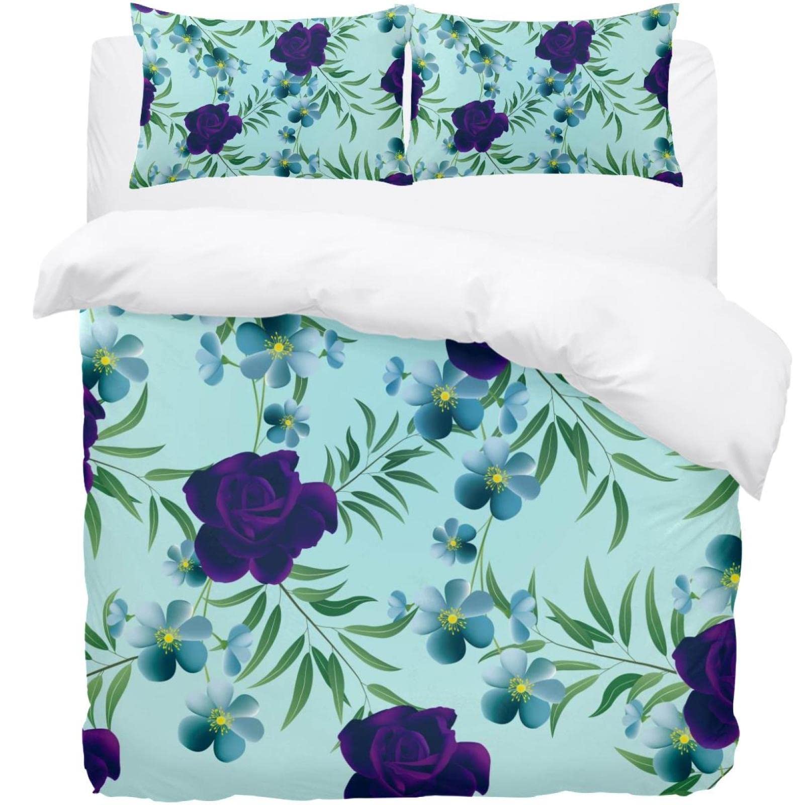 Housse de couette motif floral bleu violet | Parure de lit et taie d'oreiller de créateur