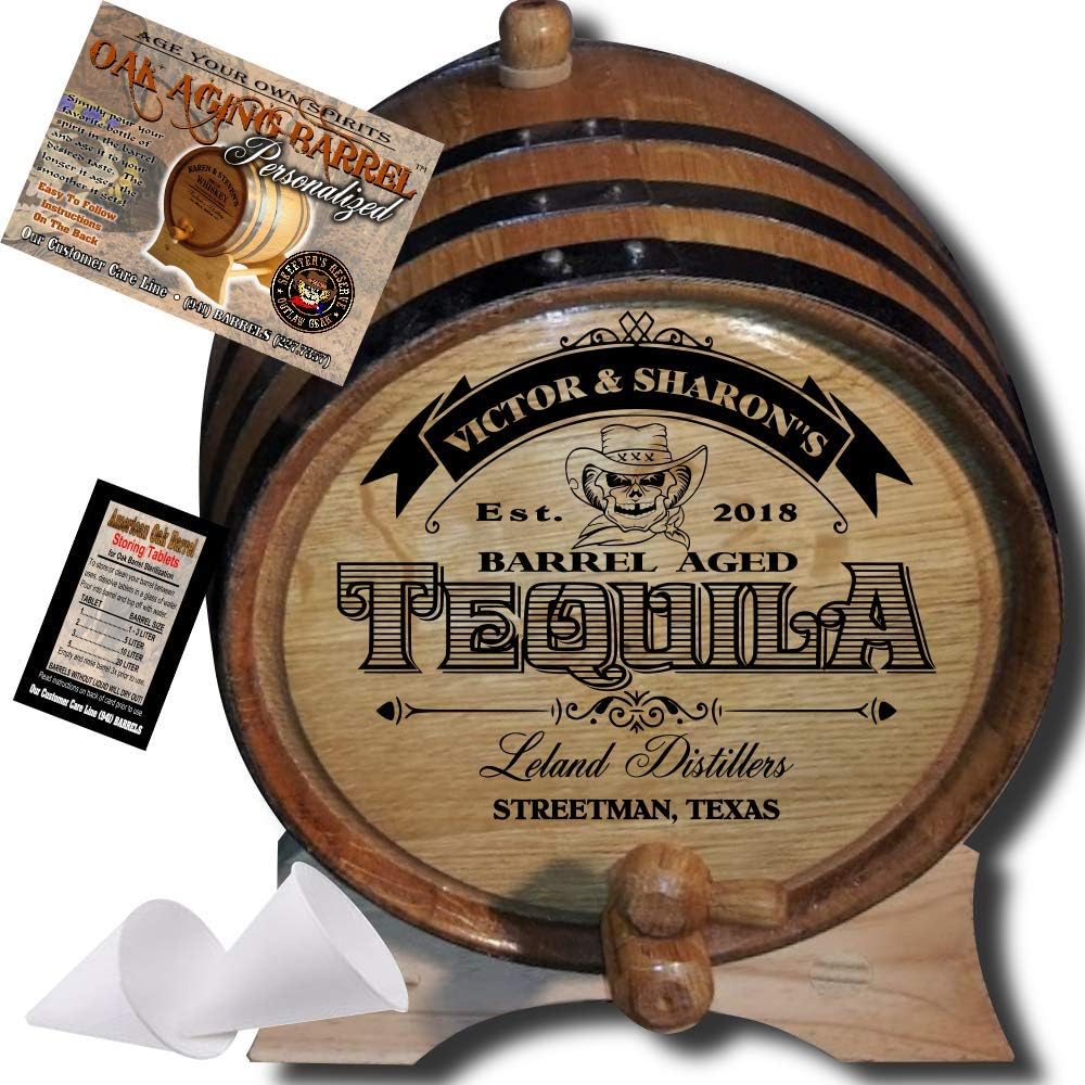 1 Liter Personalized American Oak Tequila Aging Barrel (104) - Custom Engraved Barrel From Skeeter's Reserve Outlaw Gear - MADE BY American Oak Barrel - (Natural Oak, Black Hoops)