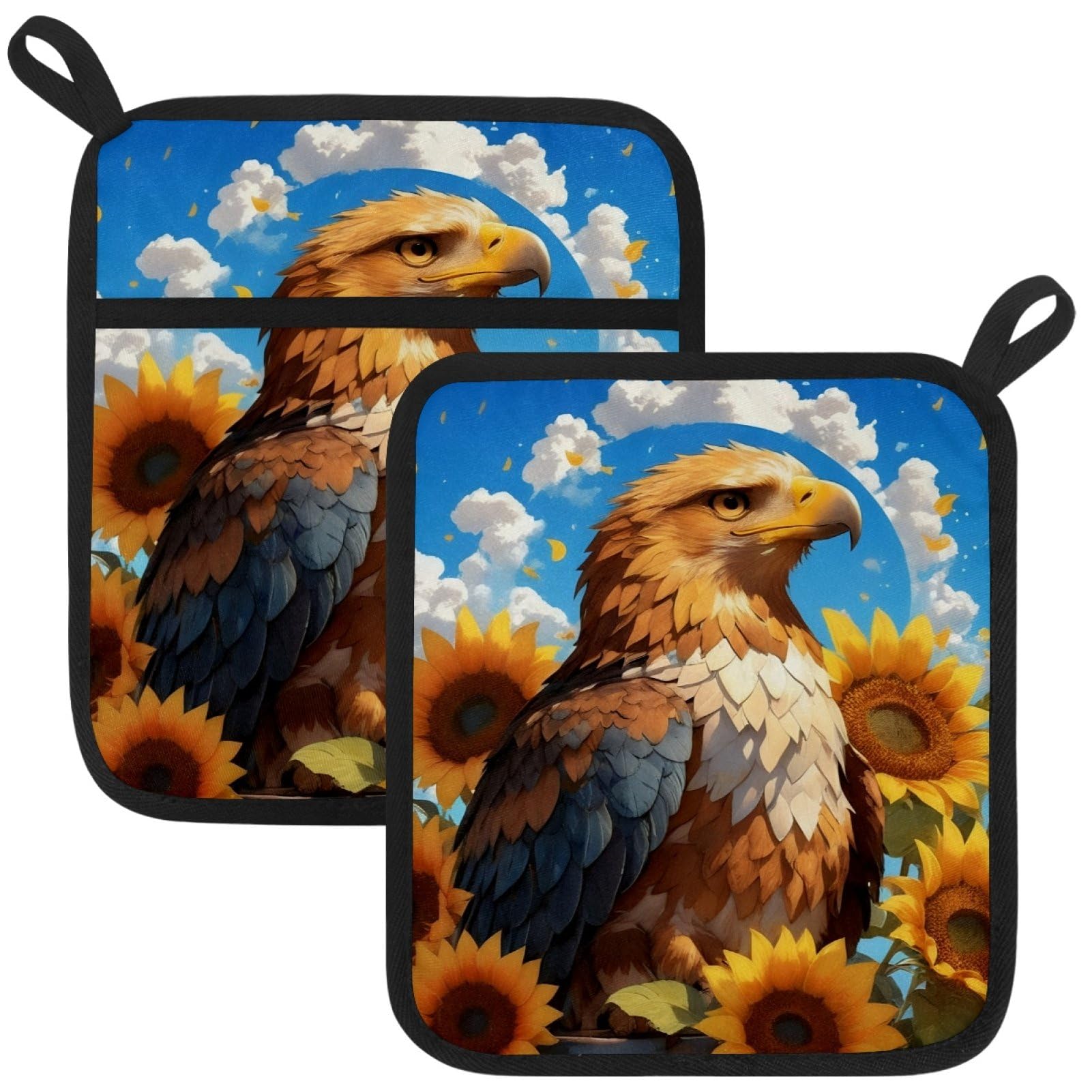 VAPOKF Eagle Sunflower Pot Holders with Pocket for Kitchen Heat Resistant Potholders Large Polyester-Cotton Square Oven Mitts Set