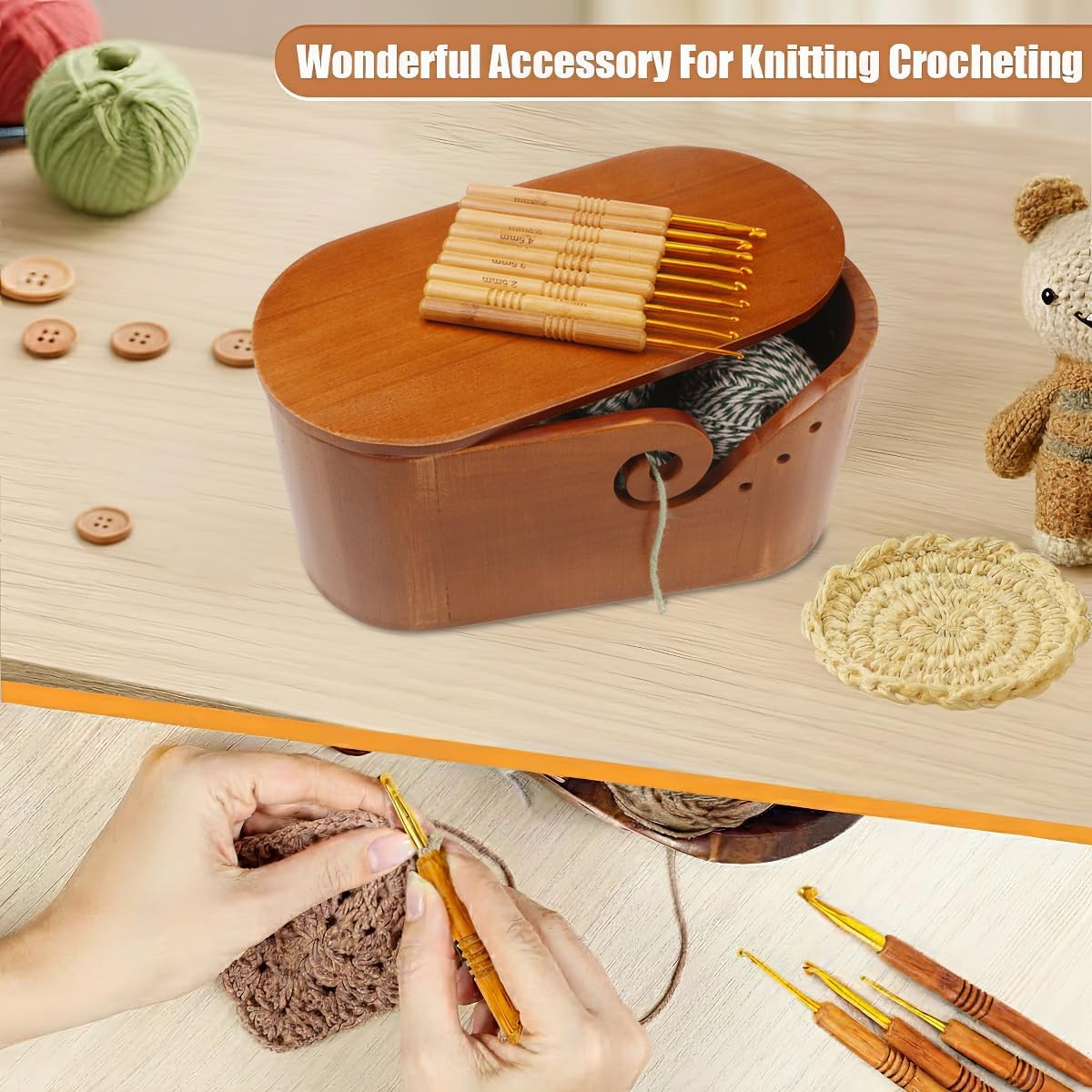 Wooden Oval Yarn Bowls for Crocheting, Handmade Crochet Bowls with Lid and 9 Pcs Knitting Hooks, Knitting Lovers Yarn Storage Bowl for Handmade Knitting Yarn Lovers