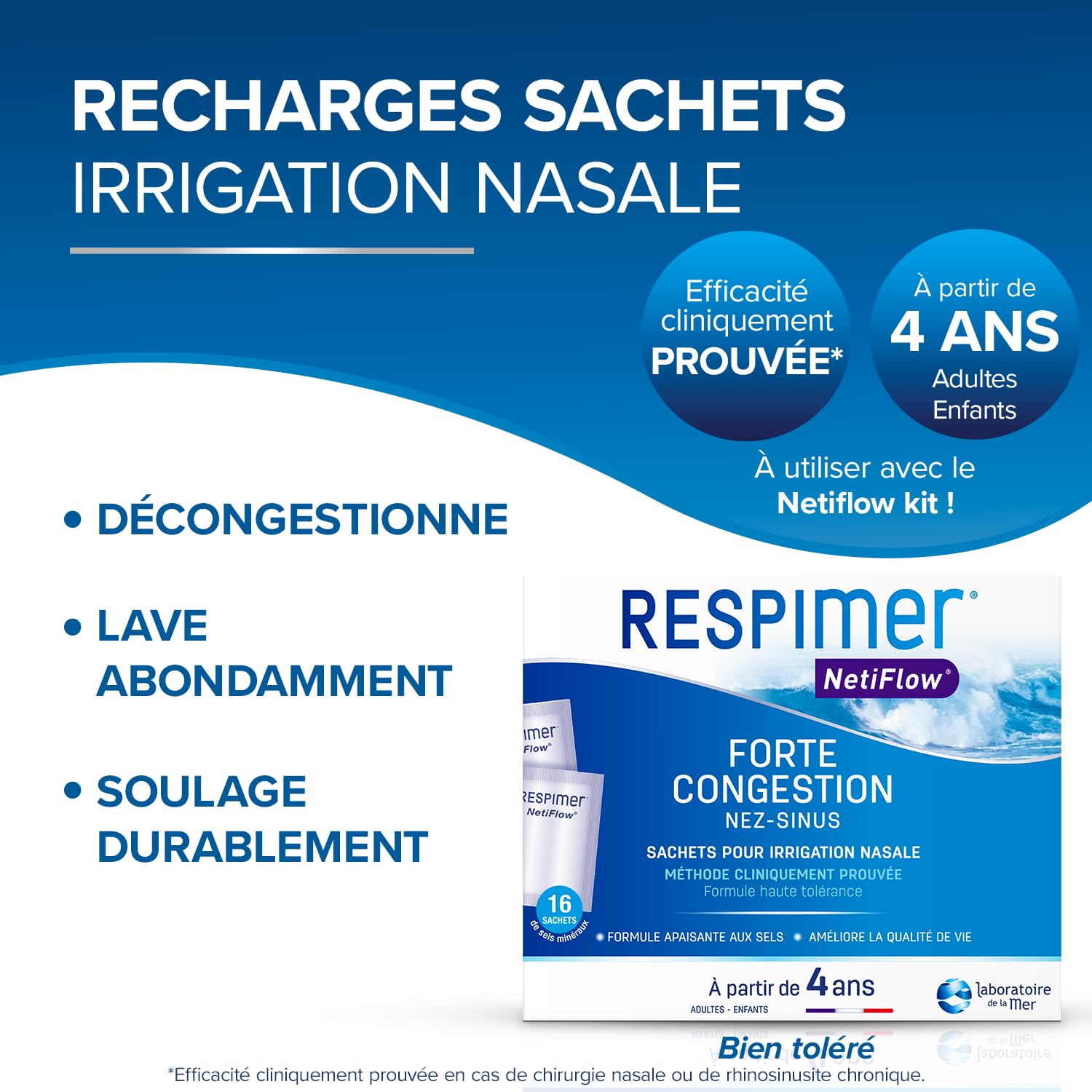 RESPIMER NetiFlow 16 Sachets Sels Minéraux Lavage Nez Recharge Irrigation Nasale Rhinites Rhinosinusites