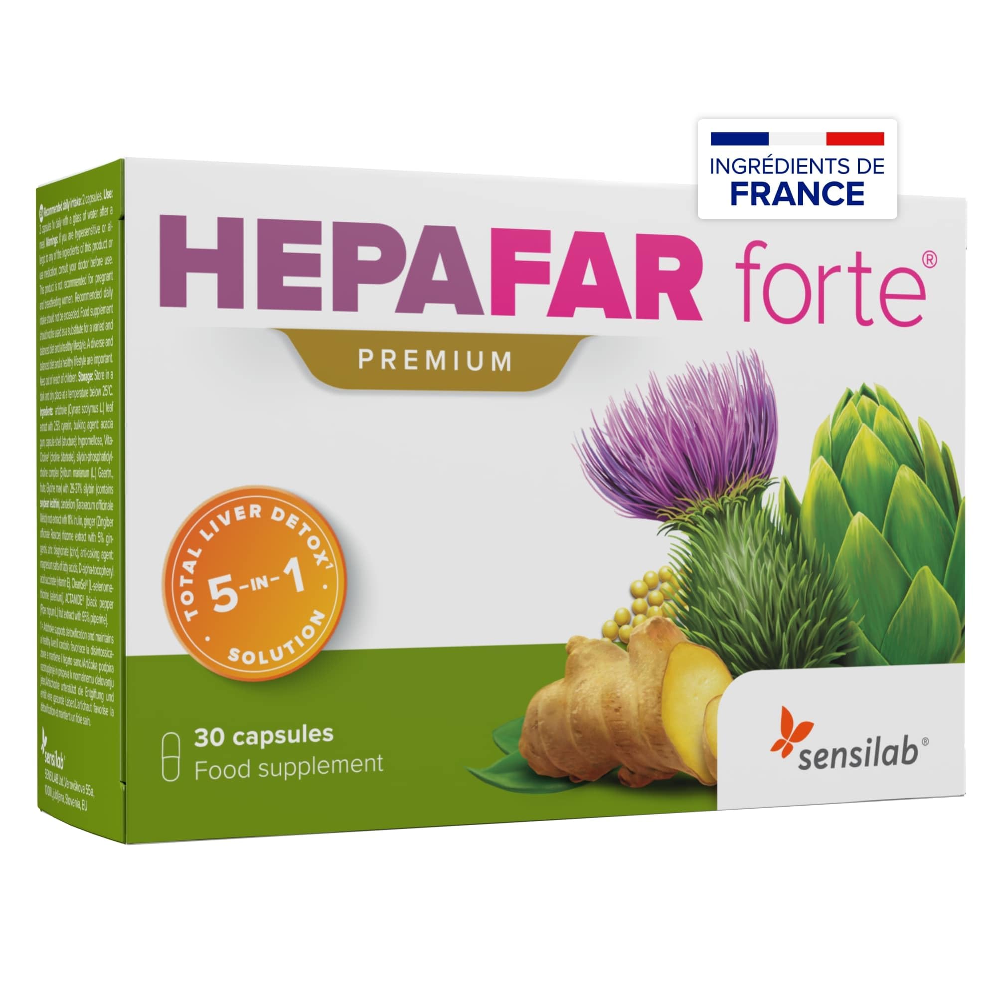 Hepafar Forte Premium - Detox, Chardon-​Marie, Artichaut, Complexe de Pissenlit, 30 gélules, Vitamine E, Phospholipides - Sensilab