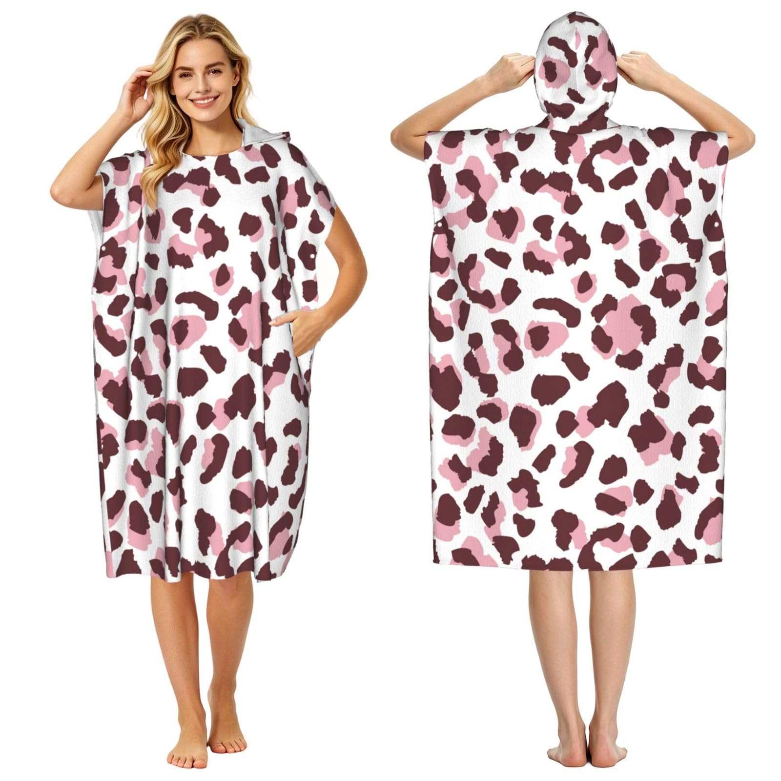 Poadnly Leopard Print Seamless Pink Animals African, Adult Hooded Beach Towel 90 x 110 cm,Changing Bath Robe, Surf Poncho Towel For Women Men