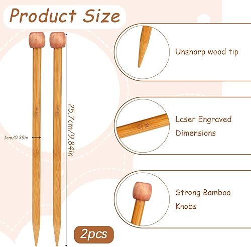 Miniatura 2 de Aguja de tejer de bambú de 0.394 in recta, de un solo punto, agujas de tejer de madera de 10 pulgadas de largo, para suéter de madera, agujas de