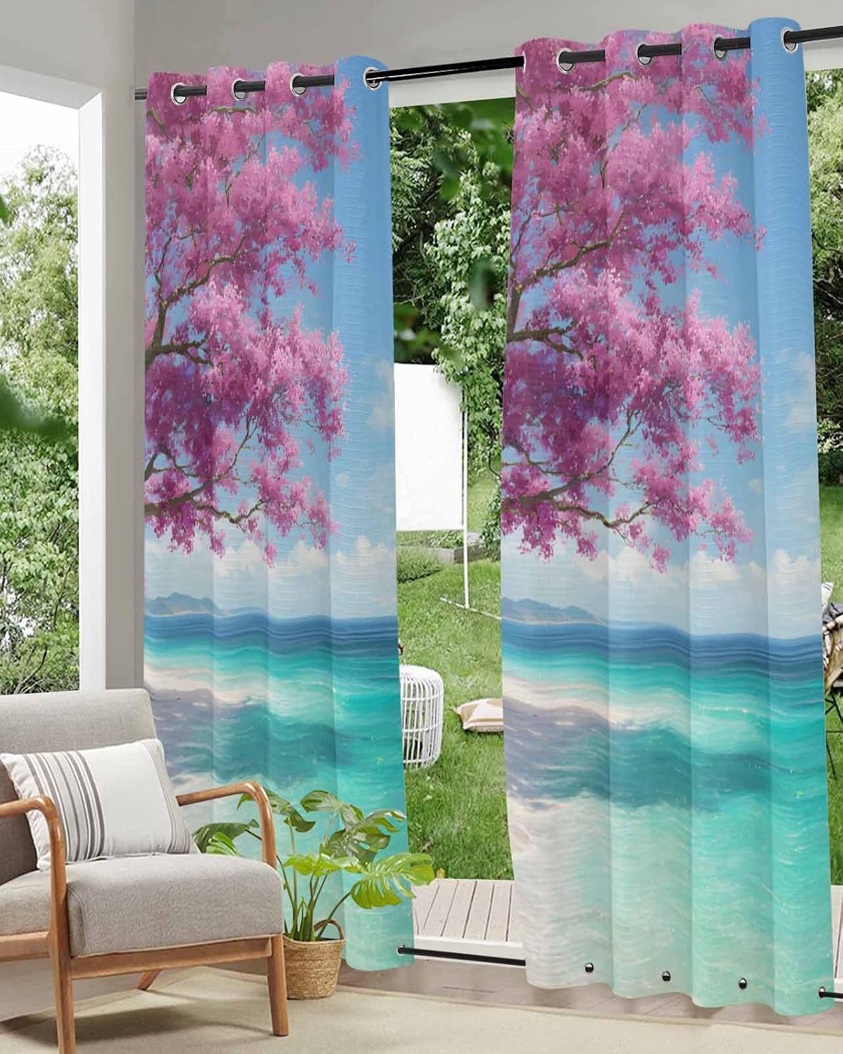 Outdoor Curtains for Patio, Summer Beach Outside Curtain Top & Bottom with Grommets & Windproof Rope, Pink Tree Blue Coastal Ocean Natural Scenery Privacy Screen Drapes for Porch, 2 Panels(54"x95")