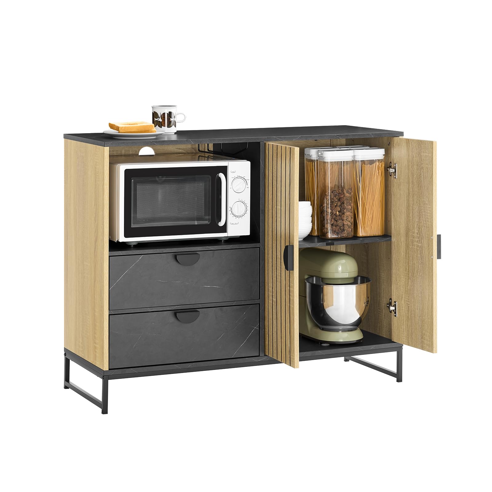 SoBuy Küchenschrank mit Mikrowellenfach und Lamellentür, 107 × 40 × 85 cm | Sideboard mit Ø6-cm-Kabelöffnung und Stauraum, als Buffetschrank für Küche und Wohnzimmer, Eiche-Schwarz, MDF (E1) FSB103-N
