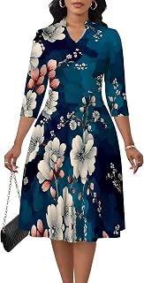 Midi Dresses for Women Casual 3/4 Sleeve Flowy A Line Sexy V Neck Formal Chapel Elegant Dress with Pockets