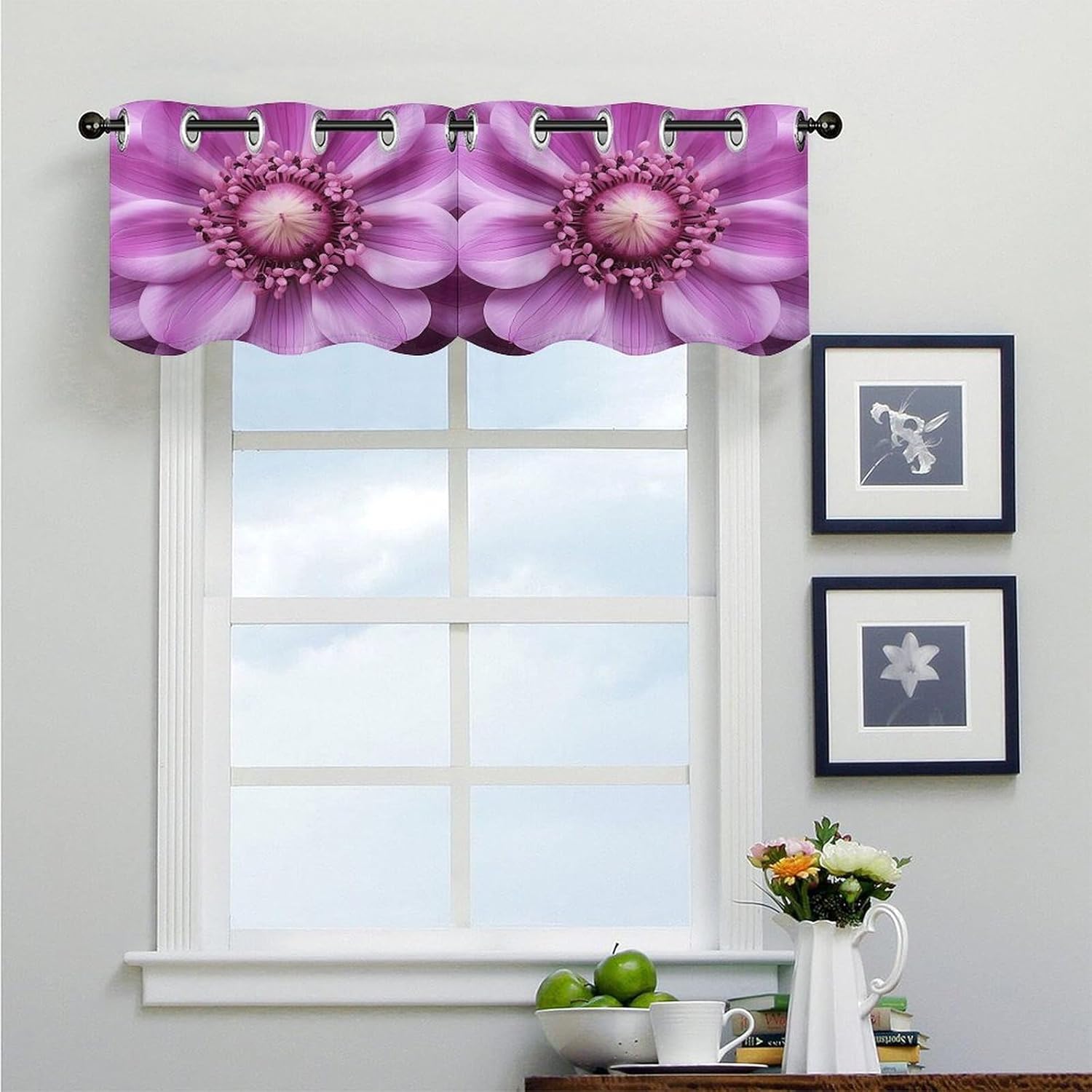 Purple Flower Center 2 Pack Valance Curtains Window Treatments. Adjustable Curtain with Rod Pocket.Cafe Curtains is Half Curtains for Privacy Decorative 52x18.1 Inch.