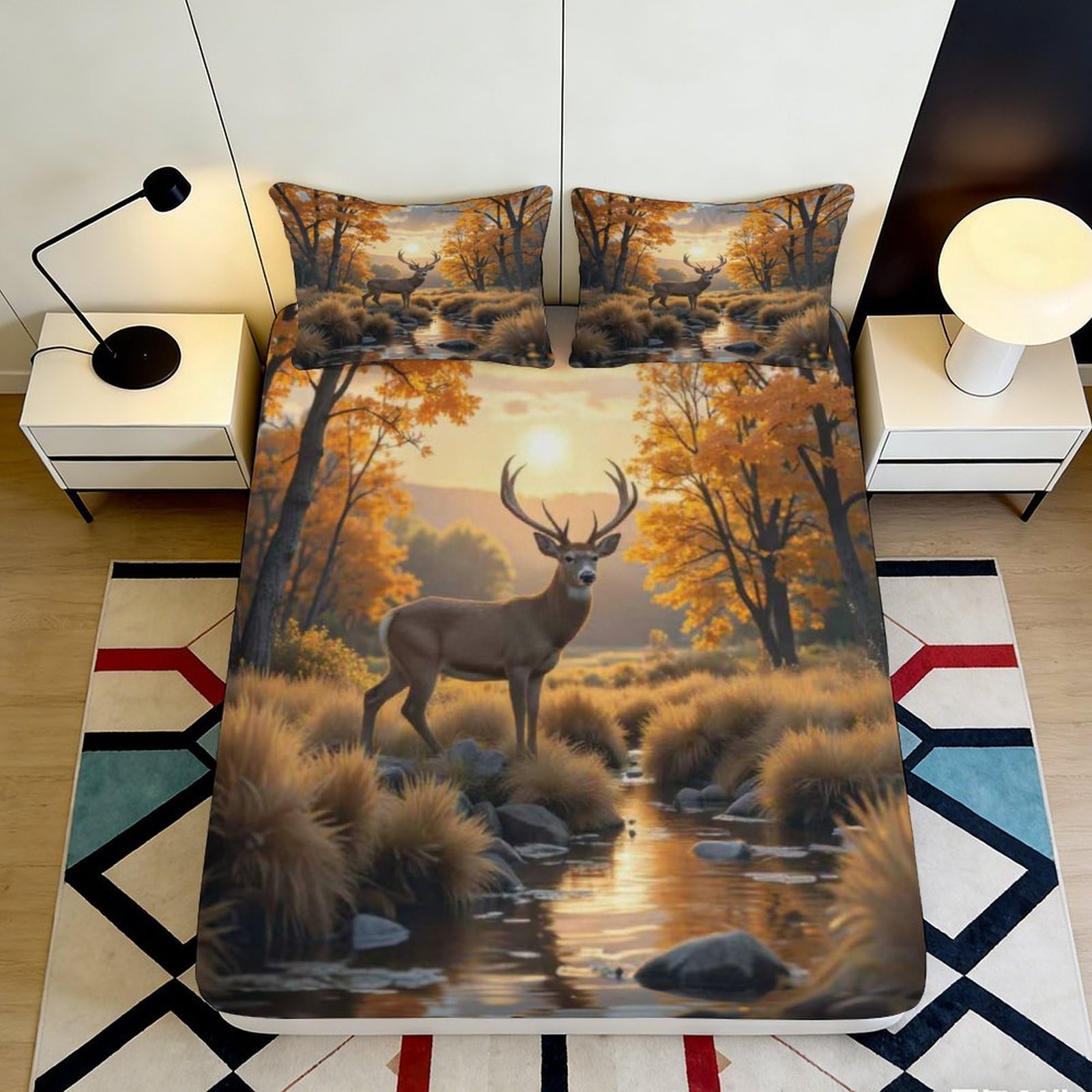 3D Printed Autumn Forest Deer Fitted Sheet Microfiber Bedroom Decor River Scene Mattress Cover for Home Guest Room 90x200x25cm