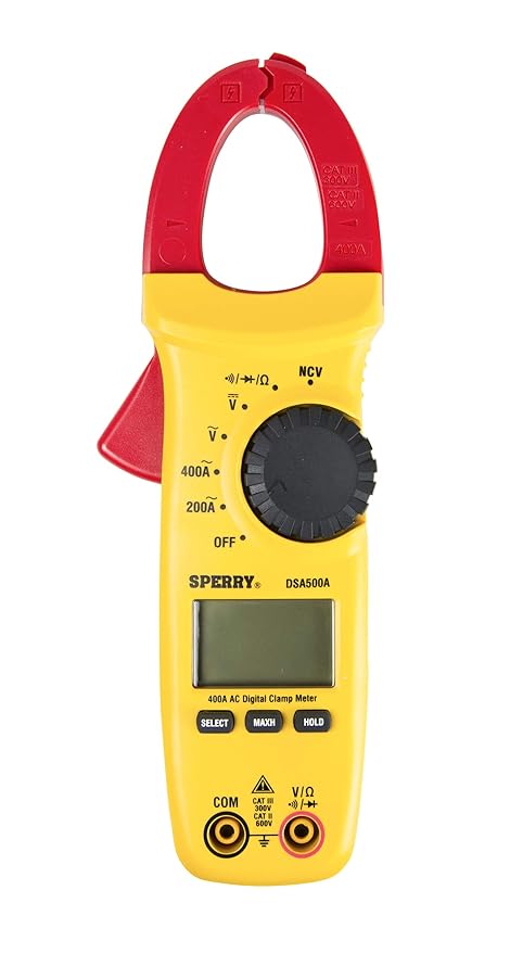 Sperry Instruments DSA500A Digital Snap-Around Clamp Meter, 5 Function, 9 Range, 400-600V AC/DC, with Case, Measures Outlet & Panel Voltage