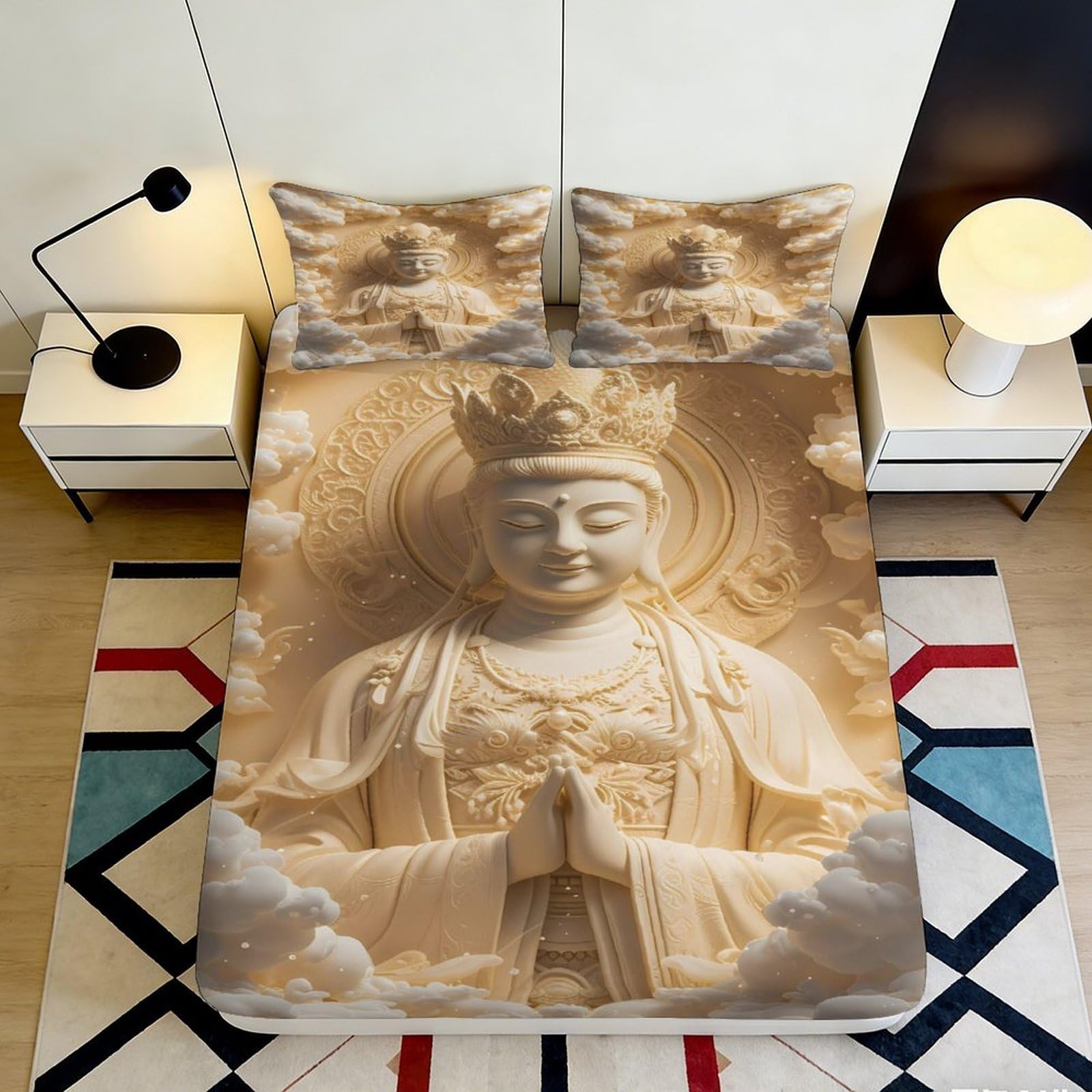 3D Printed Serene Statue Fitted Sheet Microfiber Deep Pocket Non-Slip Bedroom Bedding Statue Mattress Fitted Cover 140x200x25cm