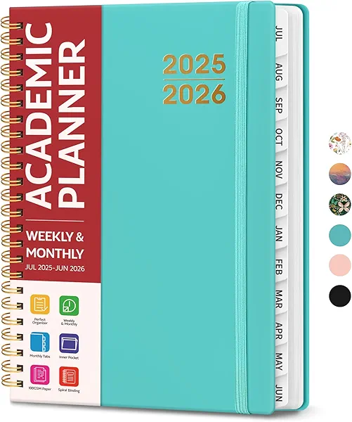 Academic Planner 2025-2026 For Women & Men, Monthly and Weekly Calendar Planner, Jul 2025 - Jun 2026, A5 (6.3" x 8.5"), Teacher Student Planning Book with Tabs, Ideal for Office School Supplies - Aquamarine