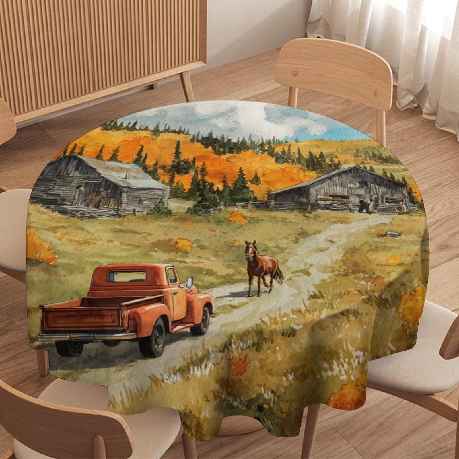 LUYYSKY Colorful Realistic Red Truck Waterproof Round Tablecloth Modern Painting Art Fall Woodland Barn Animals Horses Pattern Washable Table Cover for Kitchen-91.4" Wx91.4 L cm